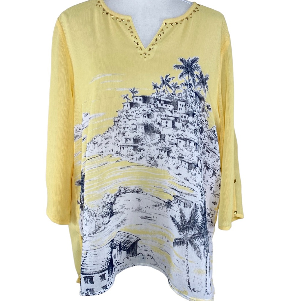 Alfred Dunner Yellow Split Neck 3/4 Sleeve Top 14 Stud Buttons Lightweight